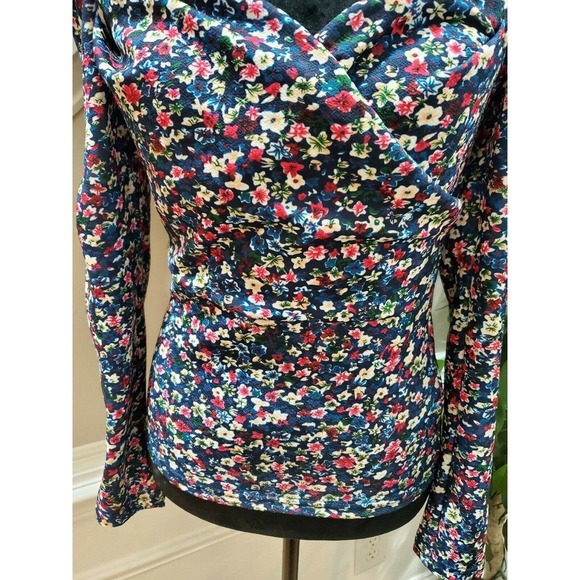 Shein Blue Floral Women's Polyester Long Sleeve Sweatheart Neck Casual Blouse - Picture 5 of 7